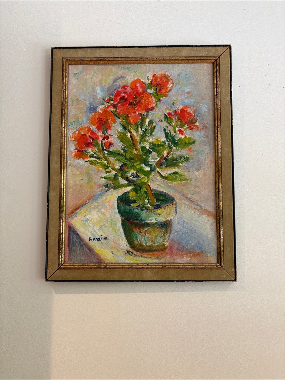 Hand-Painted Floral Oil Painting in Gold Frame - Red & Green